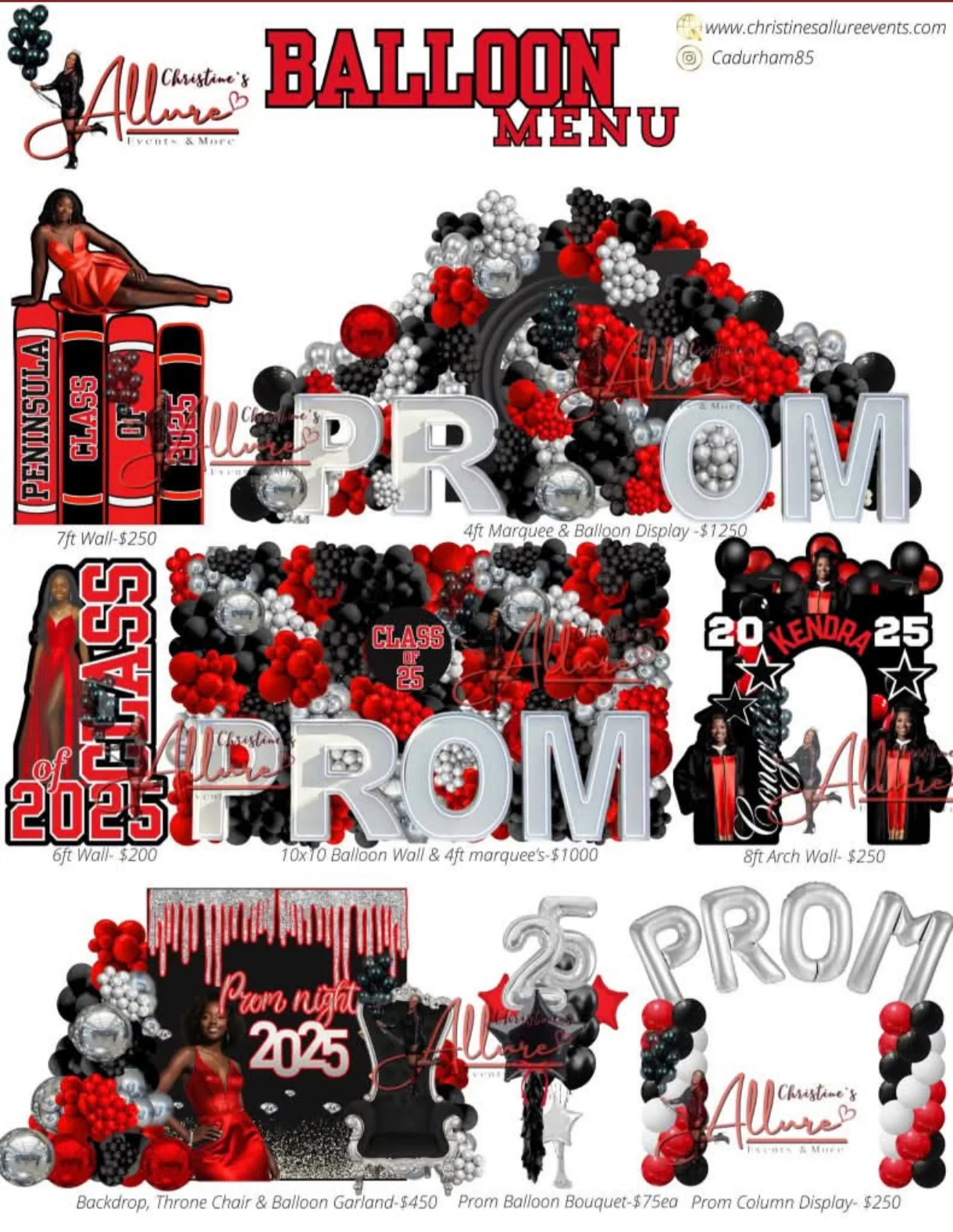 Prom & graduation packages balloon menu with design examples and pricing