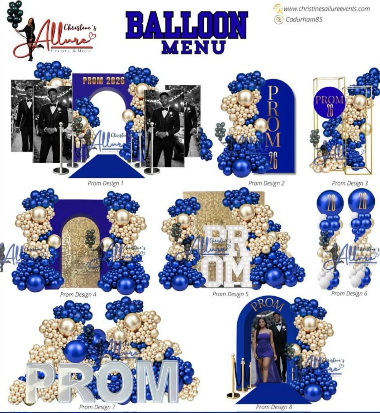 Blue & gold prom inspiration balloon menu with design examples and pricing