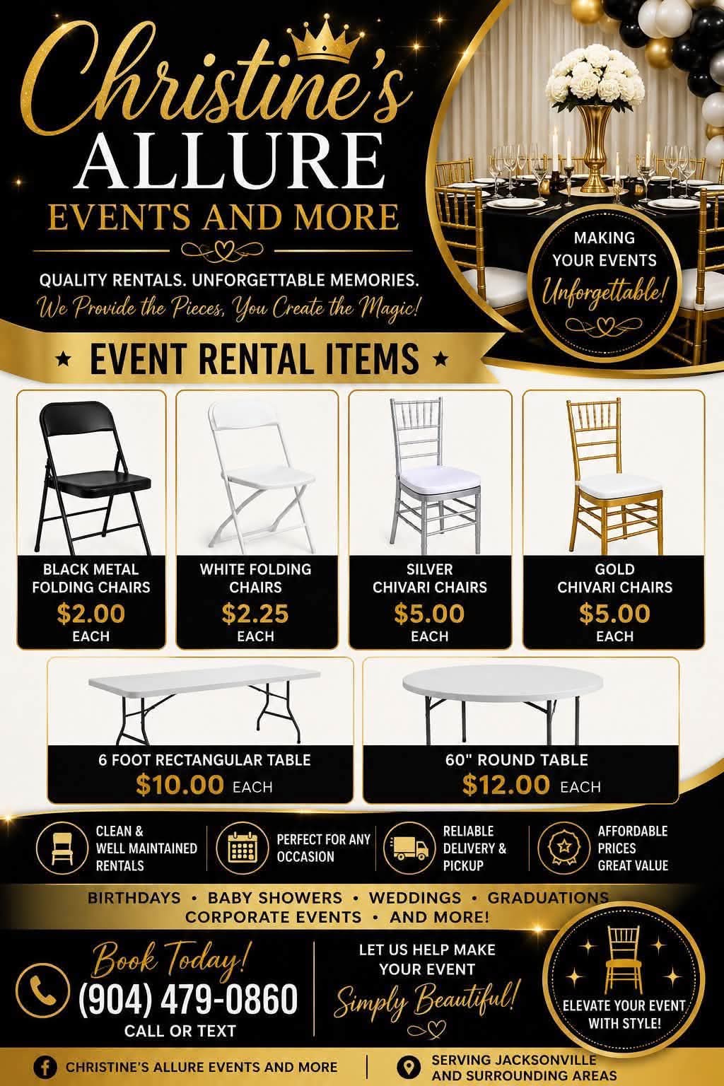 Event rental flyer with folding chairs, Chiavari chairs, rectangular tables and round tables with prices
